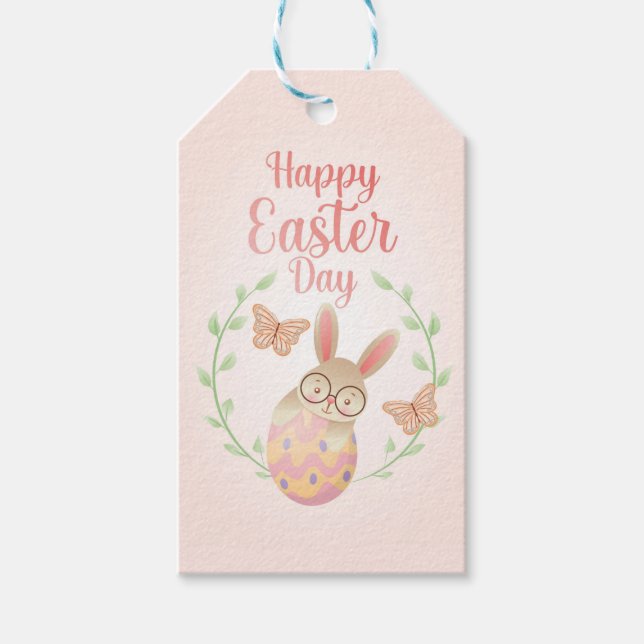 Alles Gute zu Ostern. Osterhase und Schmetterlinge Geschenkanhänger (Vorderseite)