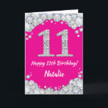 Alles Gute zum 11. Geburtstag Hot Pink und Silver  Karte<br><div class="desc">Glückliche 11. Geburtstag Hot Pink und Silver Glitzer Card mit personalisiertem Namen. Für weitere Anpassungen klicken Sie bitte auf die Schaltfläche "Anpassen" und verwenden Sie unser Designwerkzeug,  um diese Vorlage zu ändern.</div>