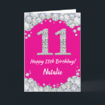 Alles Gute zum 11. Geburtstag Hot Pink und Silver  Karte<br><div class="desc">Glückliche 11. Geburtstag Hot Pink und Silver Glitzer Card mit personalisiertem Namen. Für weitere Anpassungen klicken Sie bitte auf die Schaltfläche "Anpassen" und verwenden Sie unser Designwerkzeug,  um diese Vorlage zu ändern.</div>