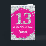 Alles Gute zum 13. Geburtstag Hot Pink und Silver  Karte<br><div class="desc">Glückliche 13. Geburtstag Hot Pink und Silver Glitzer Card mit personalisiertem Namen. Für weitere Anpassungen klicken Sie bitte auf die Schaltfläche "Anpassen" und verwenden Sie unser Designwerkzeug,  um diese Vorlage zu ändern.</div>