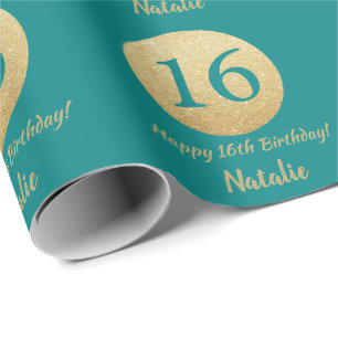 Alles Gute zum 16. Geburtstag Aquamarin und Gold G Geschenkpapier