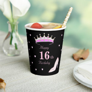 Alles Gute zum 16. Geburtstag in Schwarz & Rosa Pappbecher