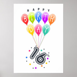 Alles Gute zum 16. Geburtstag mit bunten Balloons Poster