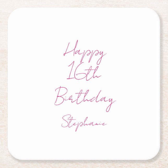 Alles Gute zum 16. Geburtstag Pink White Sechzehnt Rechteckiger Pappuntersetzer (Vorderseite)