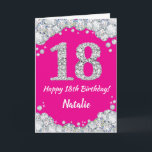 Alles Gute zum 18. Geburtstag Hot Pink und Silver  Karte<br><div class="desc">Glückliche 18. Geburtstag Hot Pink und Silver Glitzer Card mit personalisiertem Namen. Für weitere Anpassungen klicken Sie bitte auf die Schaltfläche "Anpassen" und verwenden Sie unser Designwerkzeug,  um diese Vorlage zu ändern.</div>