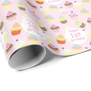 Alles Gute zum 1. Geburtstag Cupcake Pink Geschenkpapier