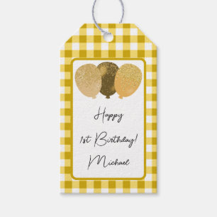 Alles Gute zum 1. Geburtstag & Gelb Gingham & Ball Geschenkanhänger