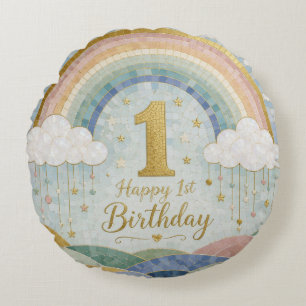 Alles Gute zum 1. Geburtstag Mosaik-Regenbogen-Wol Rundes Kissen