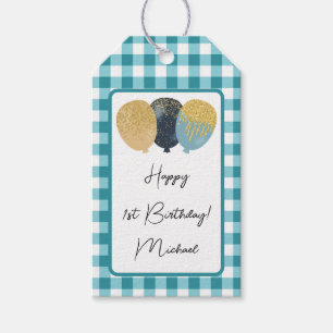 Alles Gute zum 1. Geburtstag & Türkisblau Gingham  Geschenkanhänger