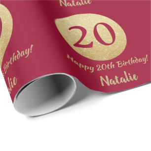Alles Gute zum 20. Geburtstag Burgund Red and Gold Geschenkpapier