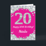 Alles Gute zum 20. Geburtstag Hot Pink und Silver  Karte<br><div class="desc">Gute 20. Geburtstag Hot Pink und Silver Glitzer Card mit personalisiertem Namen. Für weitere Anpassungen klicken Sie bitte auf die Schaltfläche "Anpassen" und verwenden Sie unser Designwerkzeug,  um diese Vorlage zu ändern.</div>