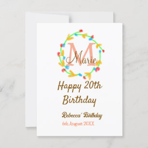 Alles Gute zum 20. Geburtstag roter Namensmonogram Postkarte