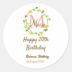 Alles Gute zum 20. Geburtstag roter Namensmonogram Runder Aufkleber