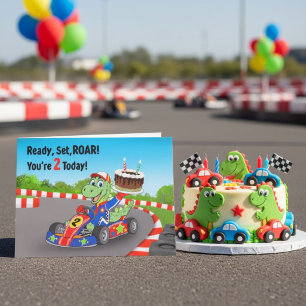 Alles Gute zum 2. Geburtstag Dinosaurier-Rennwagen Karte