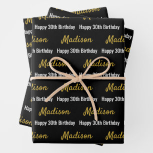 Alles Gute zum 30. Geburtstag Gold Name Schwarz un Geschenkpapier Set