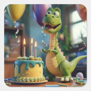 Alles Gute zum 3. Geburtstag, Lustiger Dino, Rund  Quadratischer Aufkleber