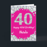 Alles Gute zum 40. Geburtstag Hot Pink und Silver  Karte<br><div class="desc">Glückliche 40. Geburtstag Hot Pink und Silver Glitzer Card mit personalisiertem Namen. Für weitere Anpassungen klicken Sie bitte auf die Schaltfläche "Anpassen" und verwenden Sie unser Designwerkzeug,  um diese Vorlage zu ändern.</div>