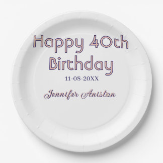 Alles Gute zum 40. Geburtstag Name Datum pink lila Pappteller