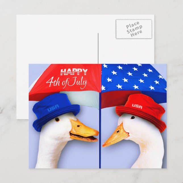 Alles Gute zum 4. Juli. Funny Patriotic Ducks Postkarte (Vorne/Hinten)
