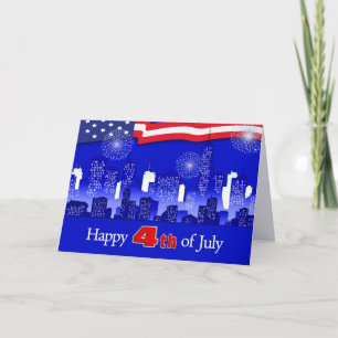 Alles Gute zum 4. Juli. Stadtbild und Feuerwerk Karte