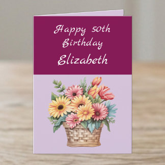Alles Gute zum 50. Geburtstag name Blumen Burgunde Karte