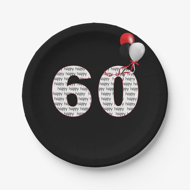 Alles Gute zum 60. Geburtstag auf schwarz Pappteller (Vorderseite)