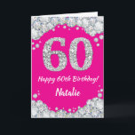 Alles Gute zum 60. Geburtstag Hot Pink und Silver  Karte<br><div class="desc">Happy 60. Geburtstag Hot Pink und Silver Glitzer Card mit personalisiertem Namen. Für weitere Anpassungen klicken Sie bitte auf die Schaltfläche "Anpassen" und verwenden Sie unser Designwerkzeug,  um diese Vorlage zu ändern.</div>
