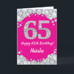Alles Gute zum 65. Geburtstag Hot Pink und Silver  Karte<br><div class="desc">Happy 65. Geburtstag Hot Pink und Silver Glitzer Card mit personalisiertem Namen. Für weitere Anpassungen klicken Sie bitte auf die Schaltfläche "Anpassen" und verwenden Sie unser Designwerkzeug,  um diese Vorlage zu ändern.</div>