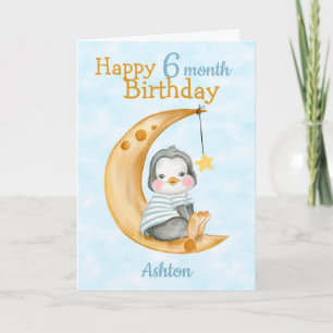 Alles Gute zum 6. Geburtstag Pinguin und Moon Blue Karte