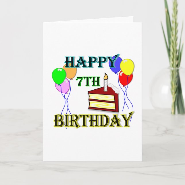 Alles Gute zum 7. Geburtstag mit Kuchen, Balloons  Karte (Vorderseite)