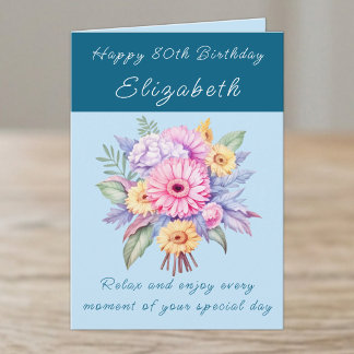 Alles Gute zum 80. Geburtstag Name floral blau Karte