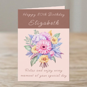Alles Gute zum 80. Geburtstag Name floral braun Karte