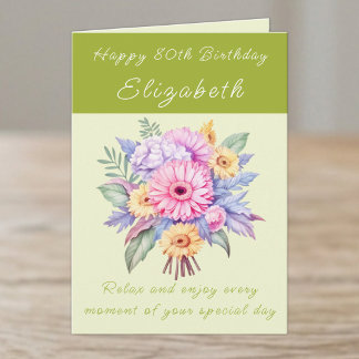 Alles Gute zum 80. Geburtstag name floral grün Karte