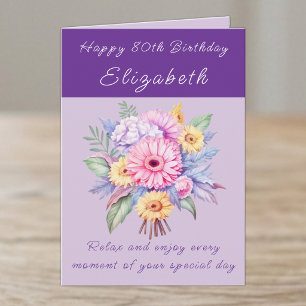 Alles Gute zum 80. Geburtstag Name floral lila Karte