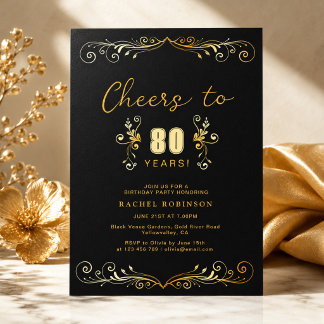 Alles Gute zum 80. Geburtstag Party Schwarz & Gold Einladung