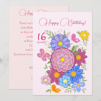 Alles Gute zum Geburtstag! 16 Süße Blume und Vögel Einladung