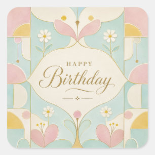 Alles Gute zum Geburtstag Art Deco Pastell Blumen Quadratischer Aufkleber