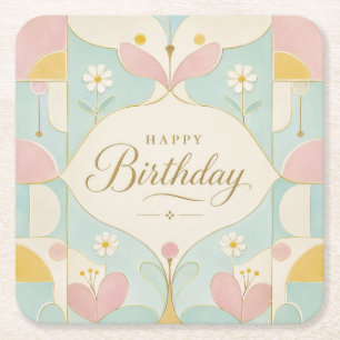 Alles Gute zum Geburtstag Art Deco Pastell Blumen  Rechteckiger Pappuntersetzer