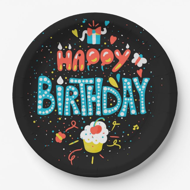 Alles Gute zum Geburtstag auf schwarz Pappteller (Vorderseite)
