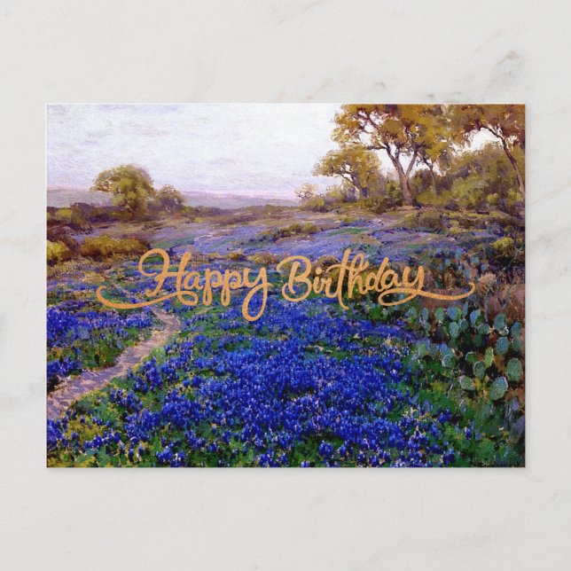Alles Gute zum Geburtstag, Bluebonnets bei Twiligh Postkarte (Vorderseite)