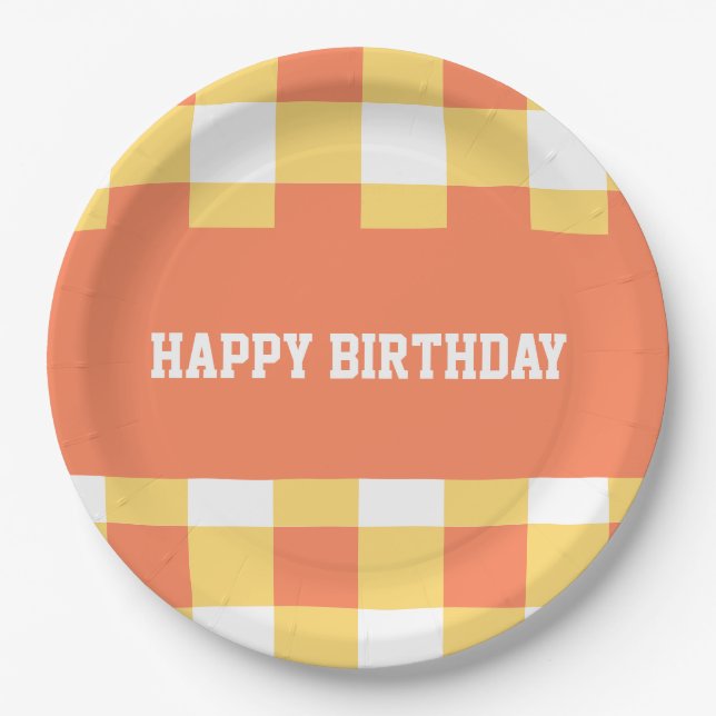 Alles Gute zum Geburtstag, gelber Gingham Pappteller (Vorderseite)