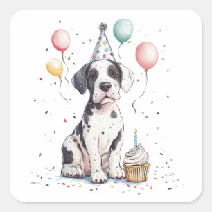 Alles Gute zum Geburtstag Great Dane Welpen Cupcak Quadratischer Aufkleber