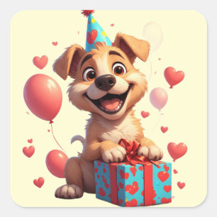 🐶 Alles Gute zum Geburtstag Hund mit Geschenkball Quadratischer Aufkleber