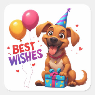 🐶 Alles Gute zum Geburtstag Hund mit Geschenkball Quadratischer Aufkleber