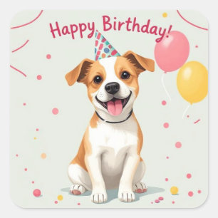 Alles Gute zum Geburtstag Hund mit Partyhut & Luft Quadratischer Aufkleber