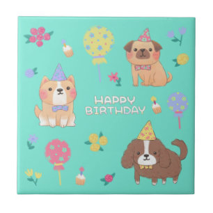 Alles Gute zum Geburtstag: Hunde, Balloons & Blume Fliese