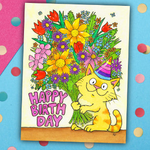 Alles Gute zum Geburtstag Katze mit Blumen  Postkarte