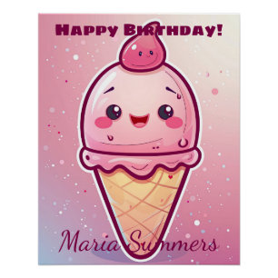 Alles Gute zum Geburtstag Kirsche Eiscreme Kawaii Poster