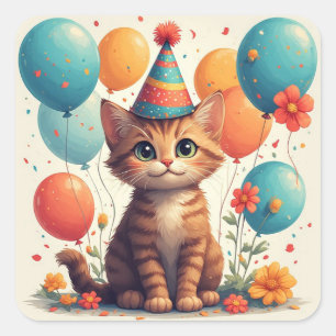 Alles Gute zum Geburtstag Kitten mit Partyballons Quadratischer Aufkleber
