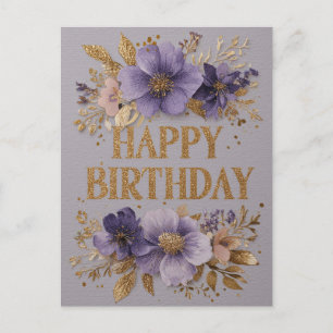 Alles Gute zum Geburtstag mit lila Blumen und Glit Feiertagspostkarte